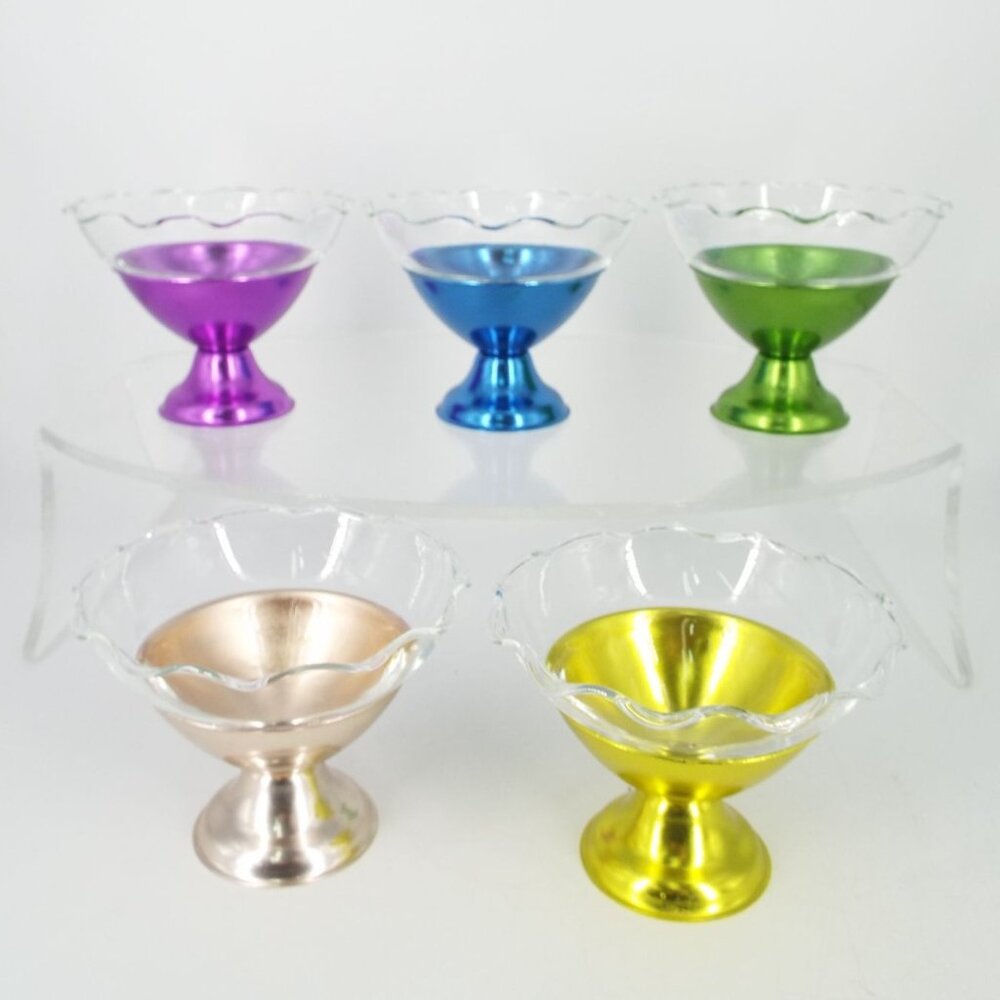 Kromex Heller Colorama 2-Piece Glass and Aluminum Sherbet Dessert Cups Set of 5